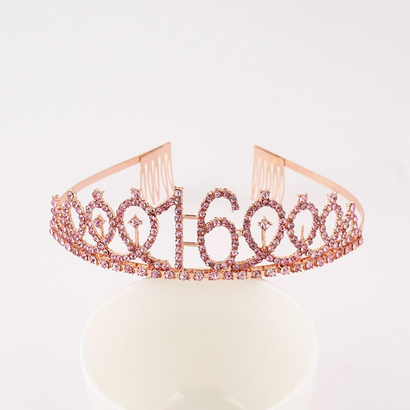 Rose Gold Metal Rhinestone Happy 16th Birthday Tiara - Style 10