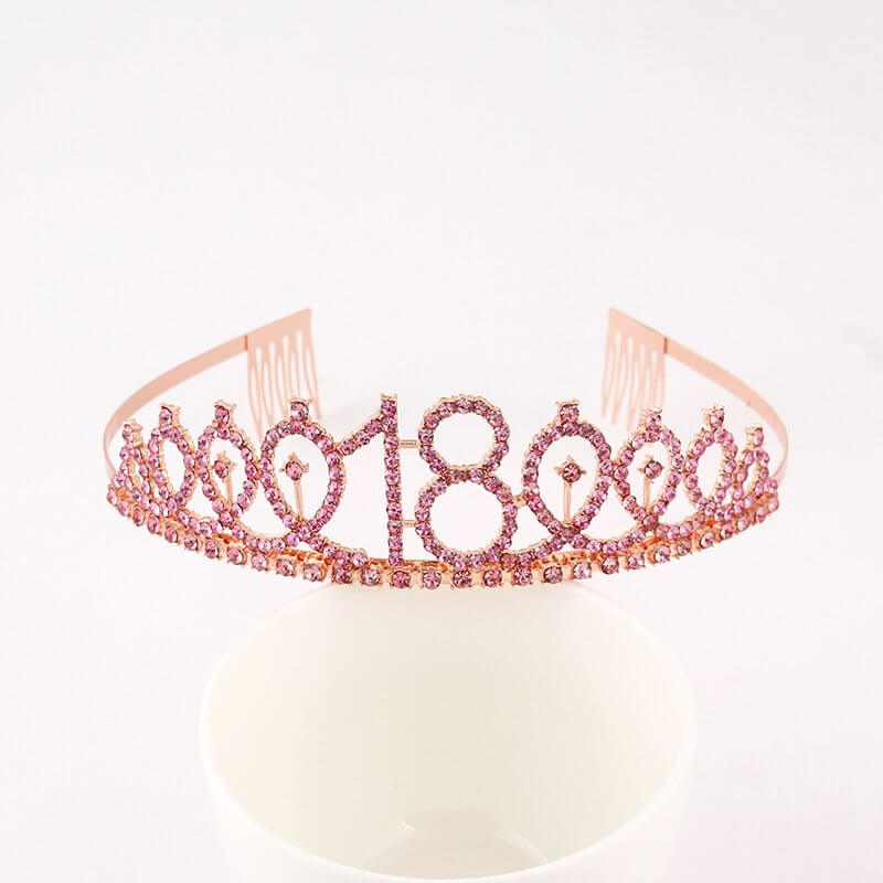 Rose Gold Metal Rhinestone Happy 18th Birthday Tiara - Style 10