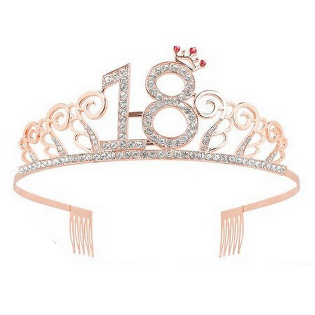 Rose Gold Metal Rhinestone Happy 18th Birthday Tiara with Little Crown