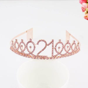 Rose Gold Metal Rhinestone Happy 21st Birthday Tiara - Style 10