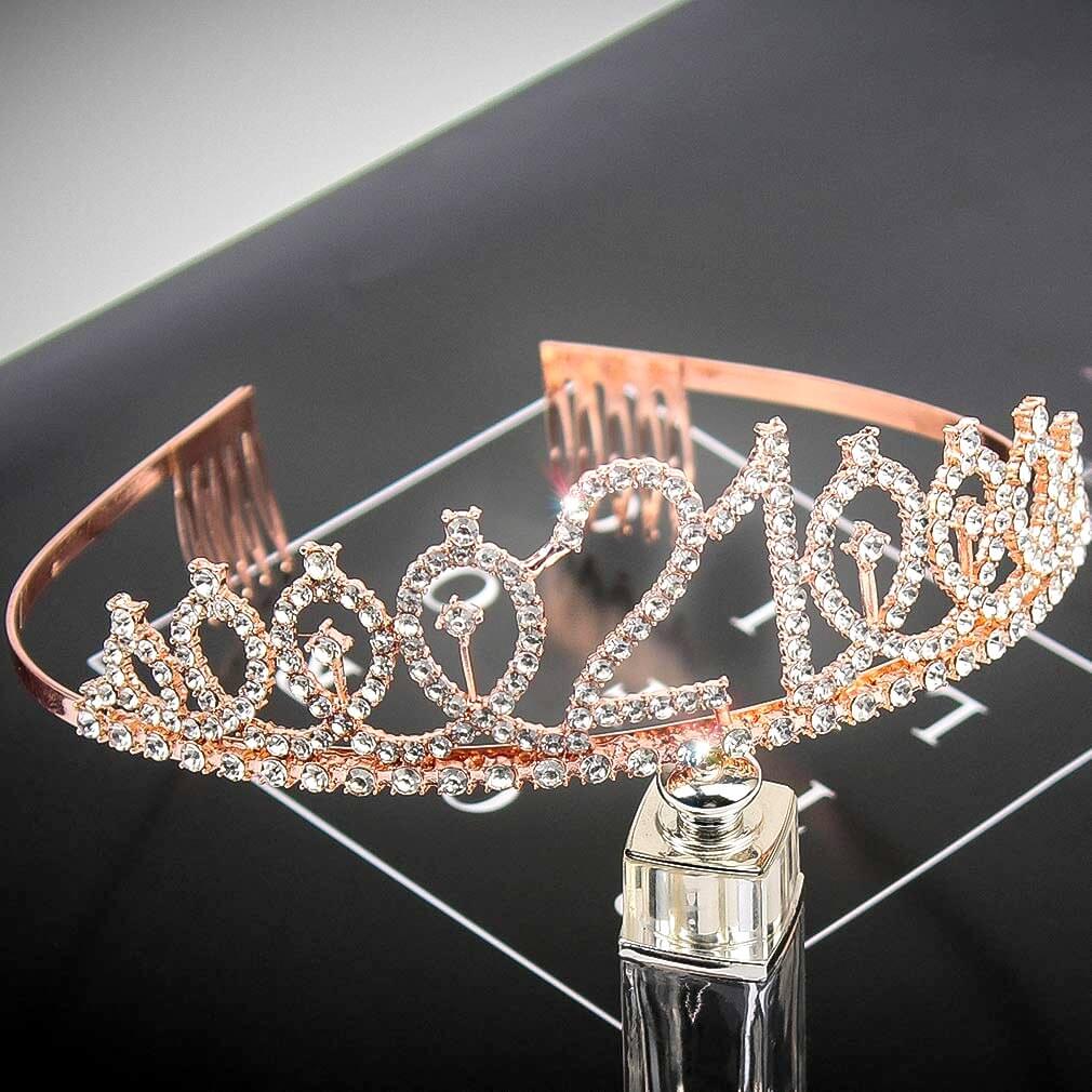 Rose Gold Metal Rhinestone Happy 21st Birthday Tiara age 21