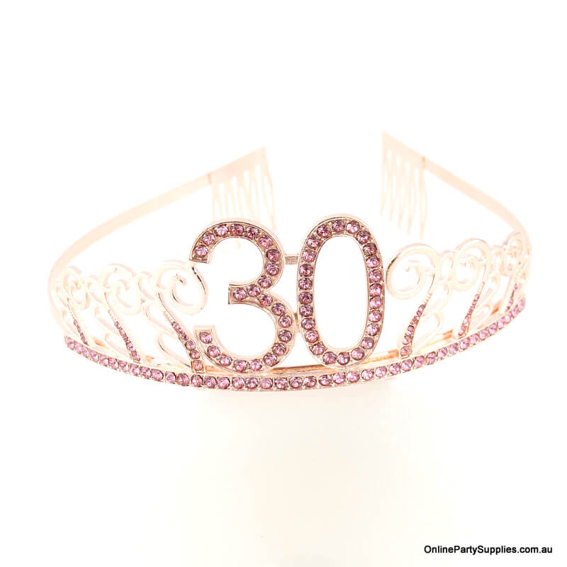 Rose Gold Metal Rhinestone Happy 30th Birthday Tiara