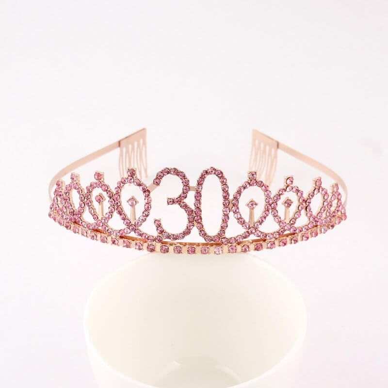 Rose Gold Metal Rhinestone Happy 30th Birthday Tiara - Style 10