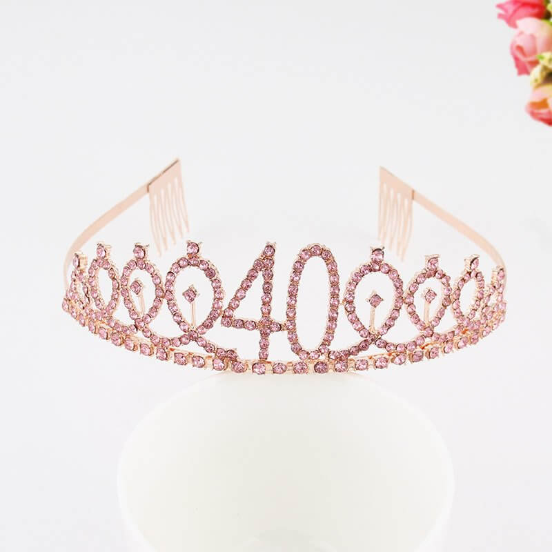Rose Gold Metal Rhinestone Happy 40th Birthday Tiara - Style 10