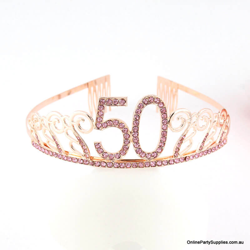 Rose Gold Metal Rhinestone Happy 50th Birthday Tiara