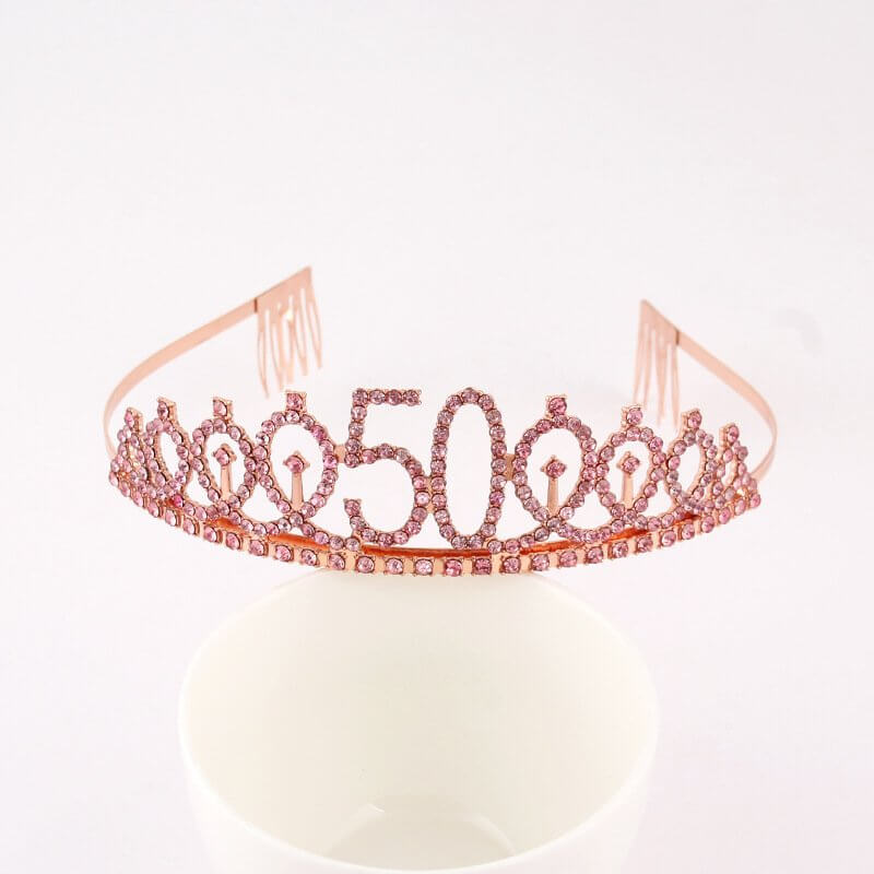 Rose Gold Metal Rhinestone Happy 50th Birthday Tiara - Style 10