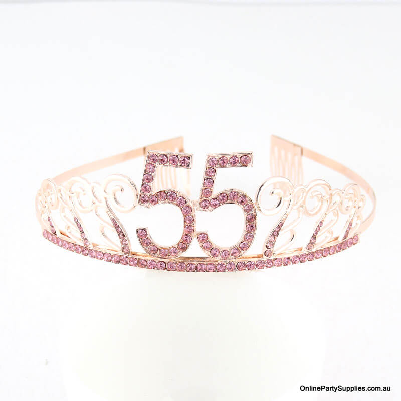 Rose Gold Metal Rhinestone Happy 55th Birthday Tiara