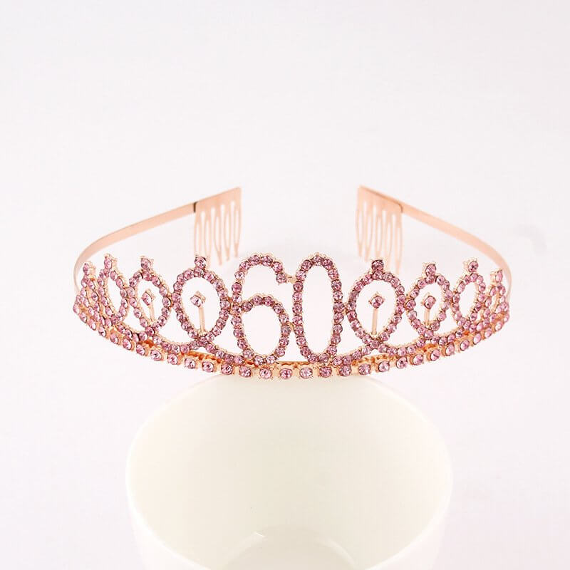 Rose Gold Metal Rhinestone Happy 60th Birthday Tiara - Style 10