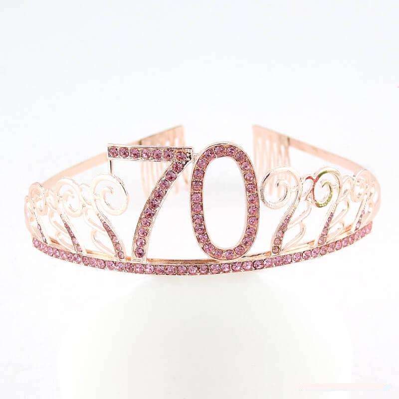 Rose Gold Metal Rhinestone Happy 70th Birthday Tiara