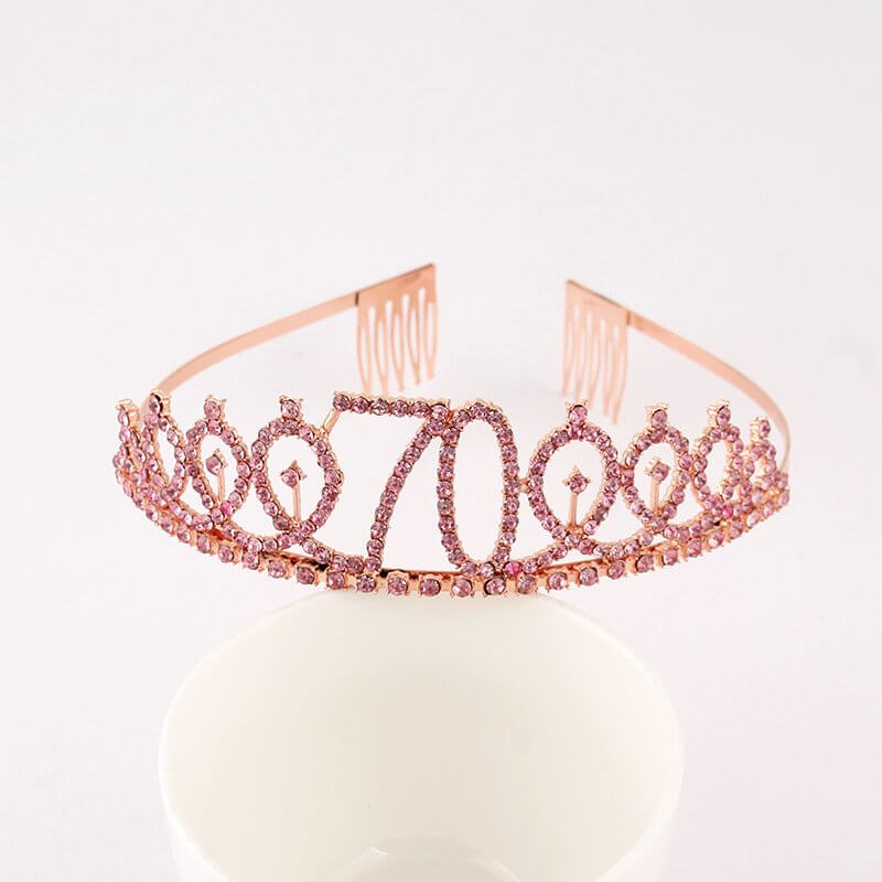 Rose Gold Metal Rhinestone Happy 70th Birthday Tiara - Style 10