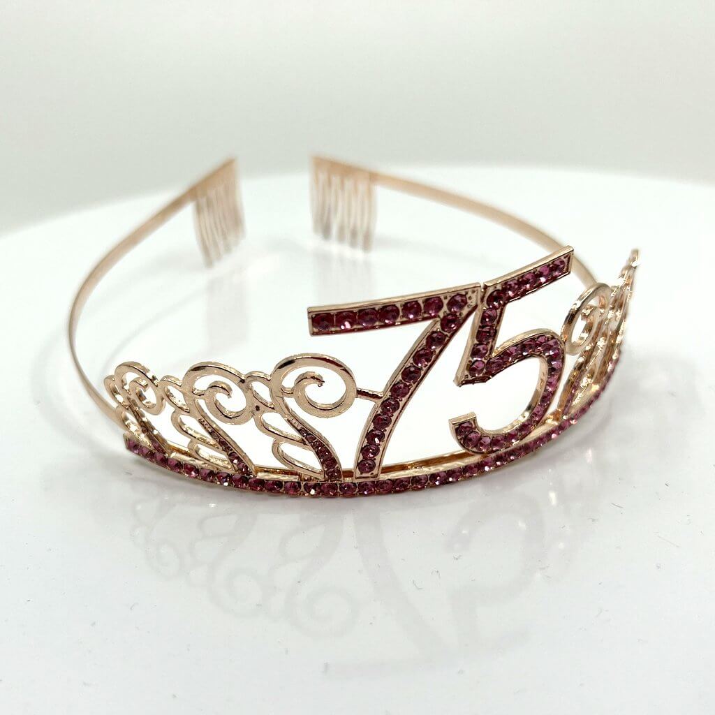 Rose Gold Metal Rhinestone Happy 75th Birthday Tiara - Style 1
