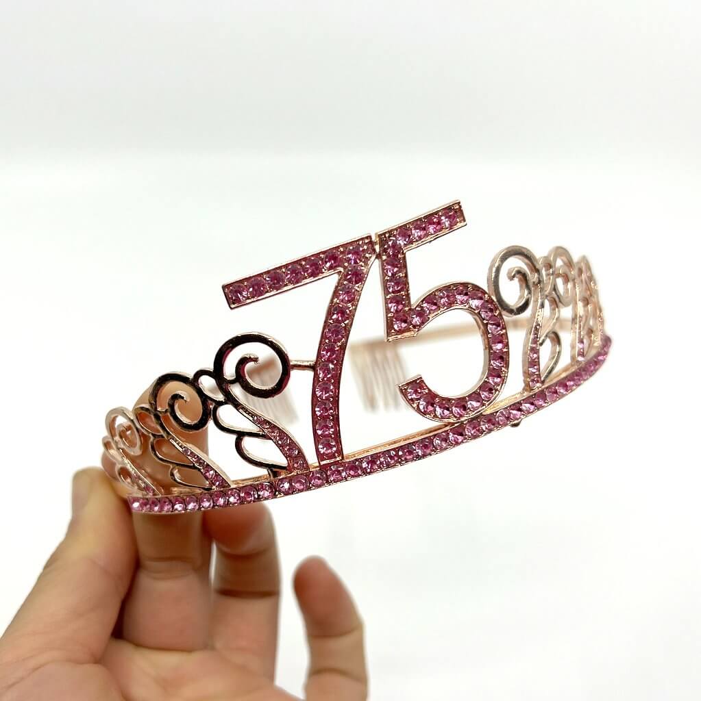 Rose Gold Metal Rhinestone Happy 75th Birthday Tiara - Style 1