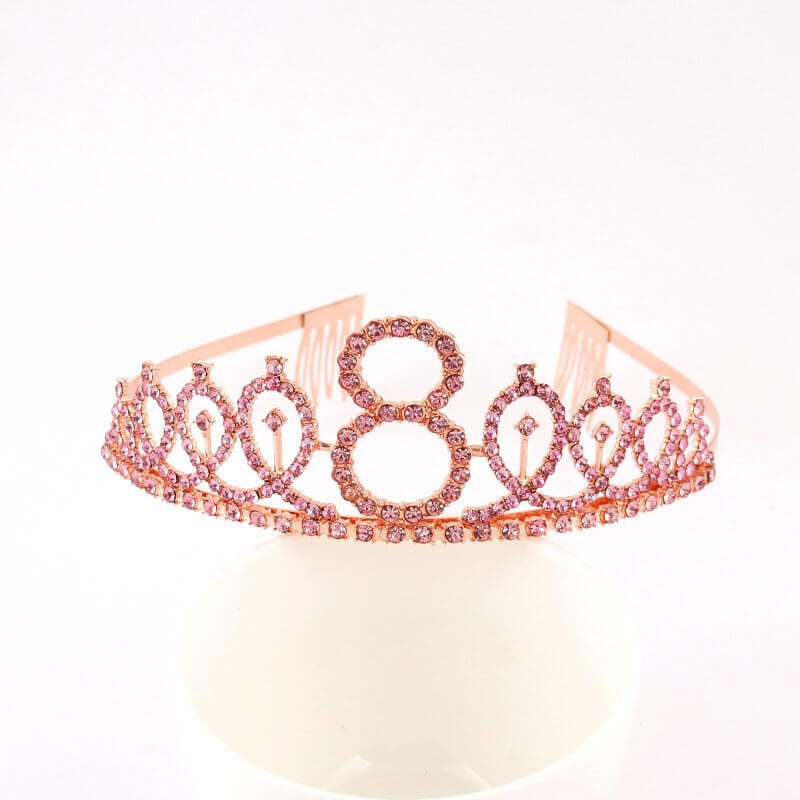 Rose Gold Metal Rhinestone Happy 8th Birthday Tiara - Style 10