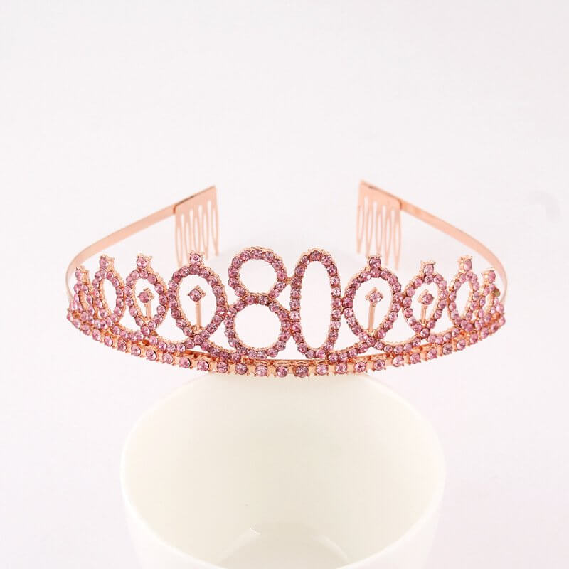 Rose Gold Metal Rhinestone Happy 80th Birthday Tiara - Style 10