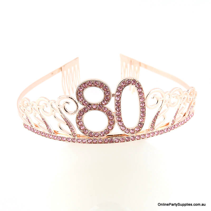 Rose Gold Metal Rhinestone Happy 80th Birthday Tiara
