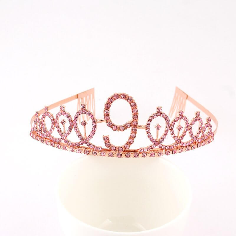 Rose Gold Metal Rhinestone Happy 9th Birthday Tiara - Style 10