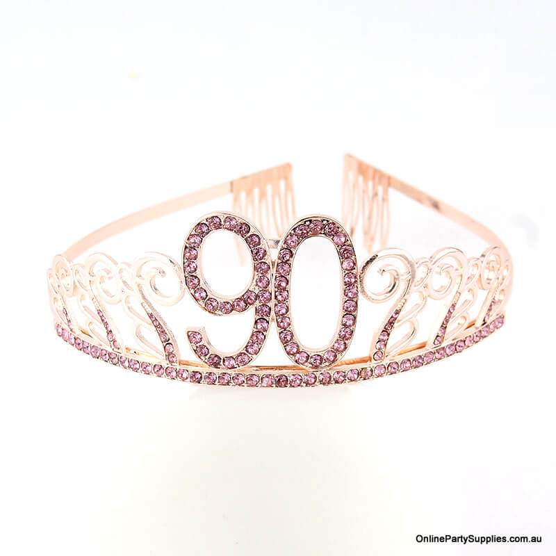 Rose Gold Metal Rhinestone Happy 90th Birthday Tiara