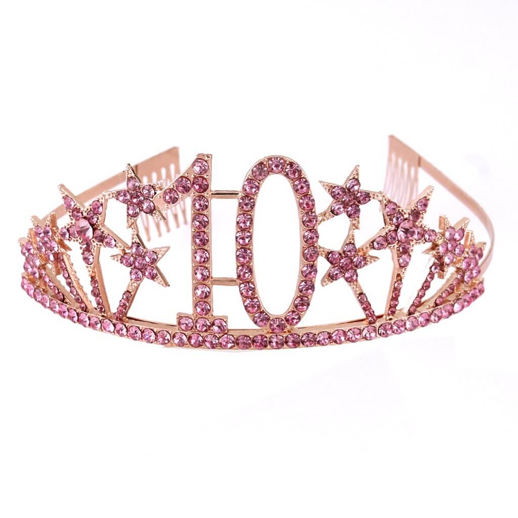 Rose Gold Metal Rhinestone Diamante Number 10 with Stars Birthday Tiara