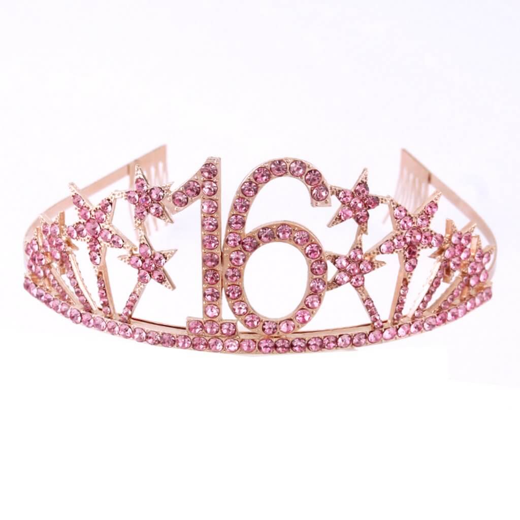 Rose Gold Metal Rhinestone Diamante Number 16 with Stars Birthday Tiara