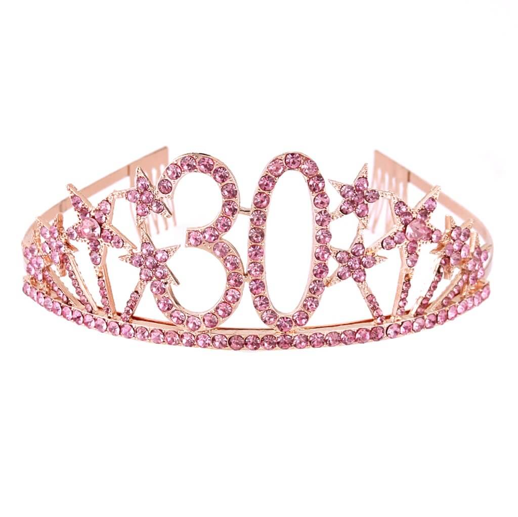 Rose Gold Metal Rhinestone Diamante Number 30 with Stars Birthday Tiara