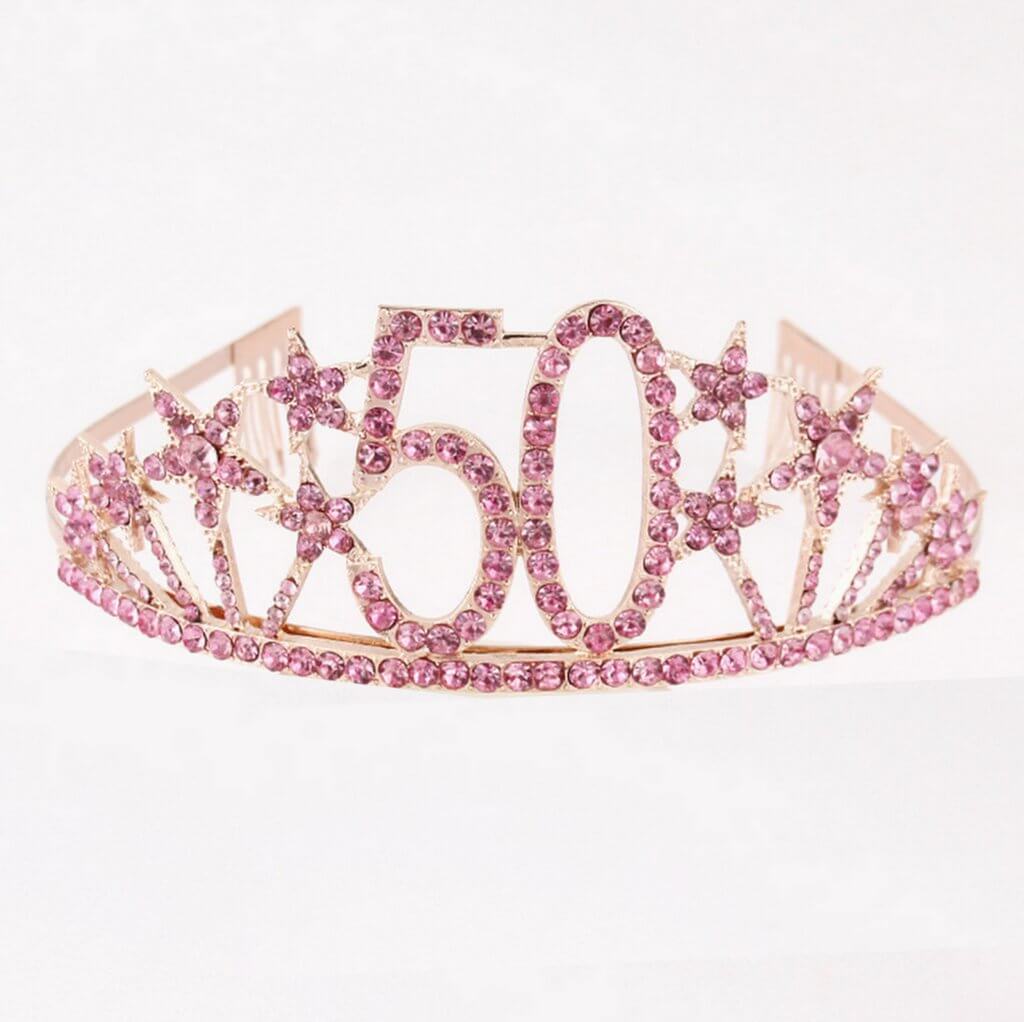 Rose Gold Metal Rhinestone Diamante Number 50 with Stars Birthday Tiara
