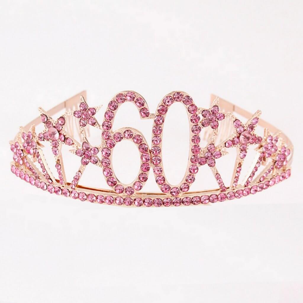 Rose Gold Metal Rhinestone Diamante Number 60 with Stars Birthday Tiara
