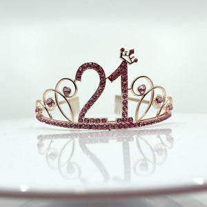 Rose Gold Metal Rhinestone Happy 21st with Little Crown Birthday Tiara