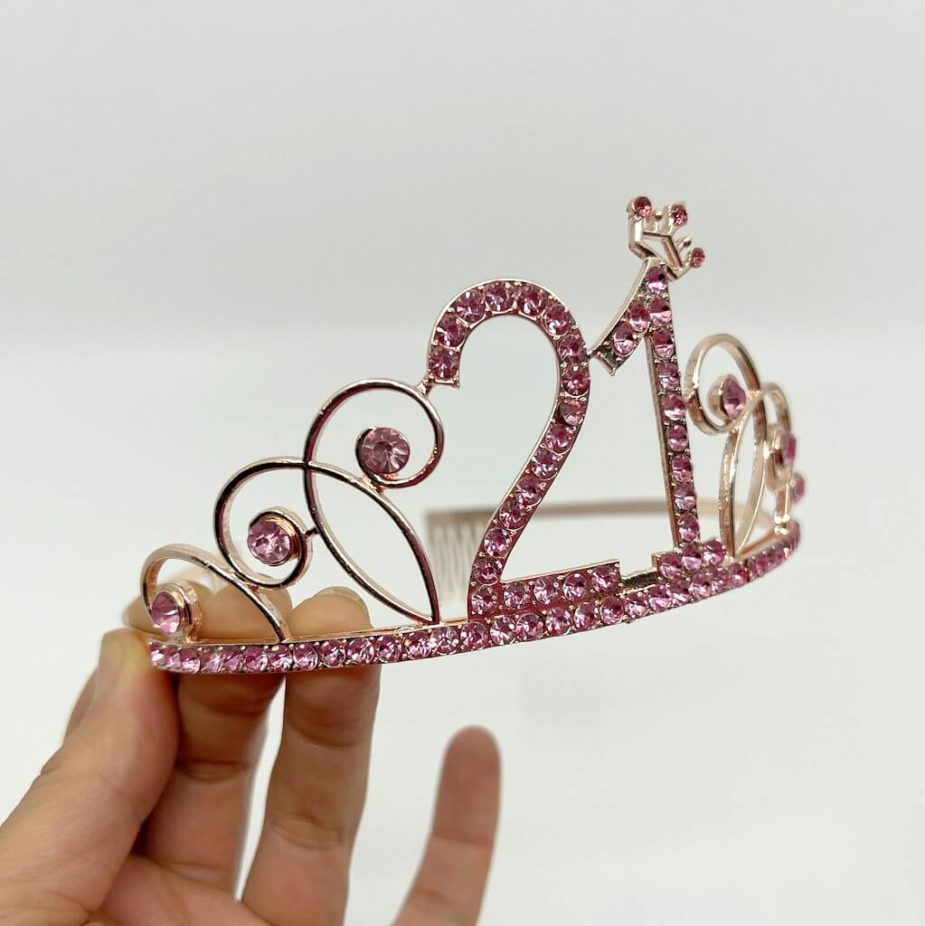 Rose Gold Metal Rhinestone Happy 21st with Little Crown Birthday Tiara