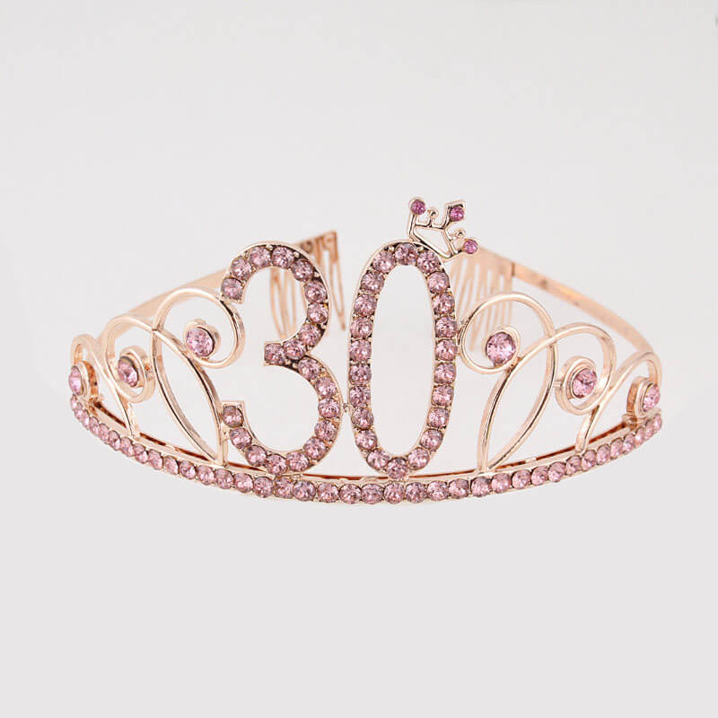 Premium Quality Rose Gold Metal Rhinestone 30th Birthday Princess Crown Tiara