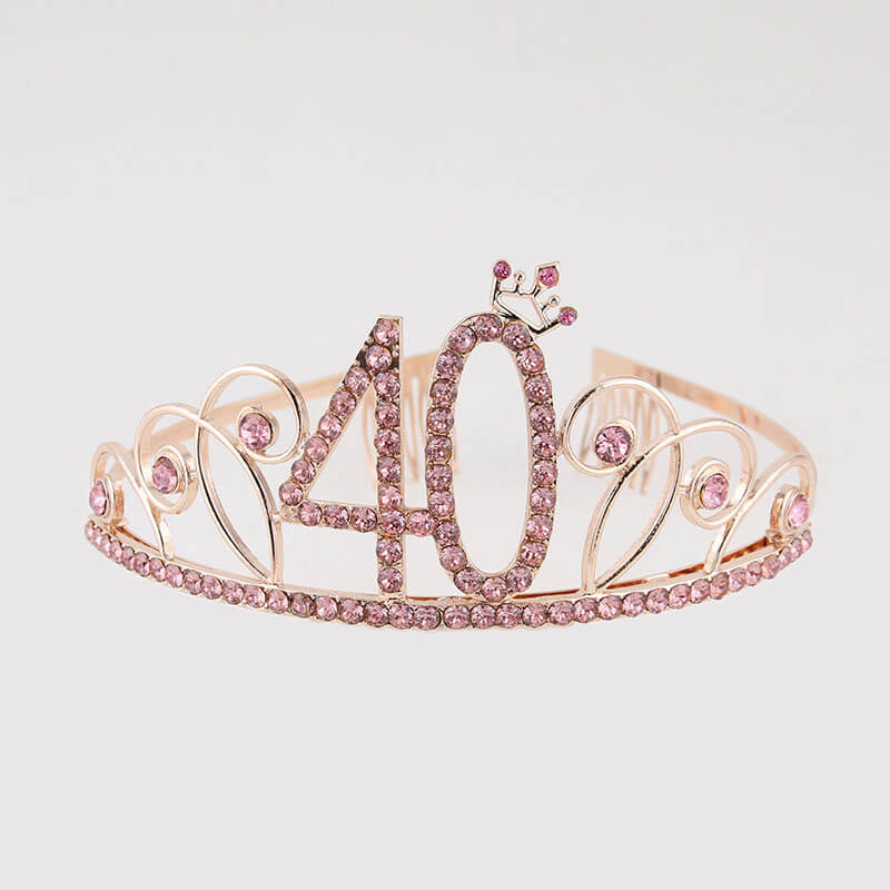 Rose Gold Metal Rhinestone 40th Birthday Princess Crown Tiara