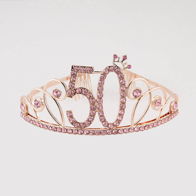 Premium Quality Rose Gold Metal Rhinestone 50th Birthday Princess Crown Tiara