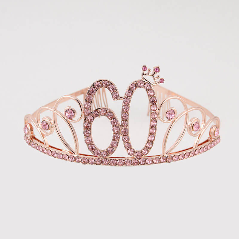 Rose Gold Metal Rhinestone 60th Birthday Princess Crown Tiara
