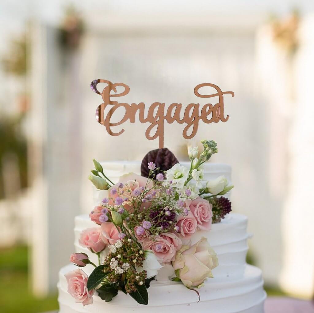 rose gold mirror Acrylic 'Engaged' Bridal Shower Cake Topper