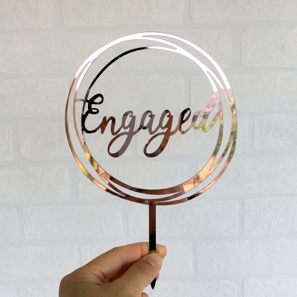 Rose Gold Mirror Acrylic 'Engaged' Geometric Round Cake Topper - Online Party Supplies