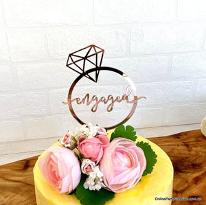 Rose Gold Mirror Acrylic 'Engaged' Diamond Ring Wedding Cake Topper Online Party Supplies