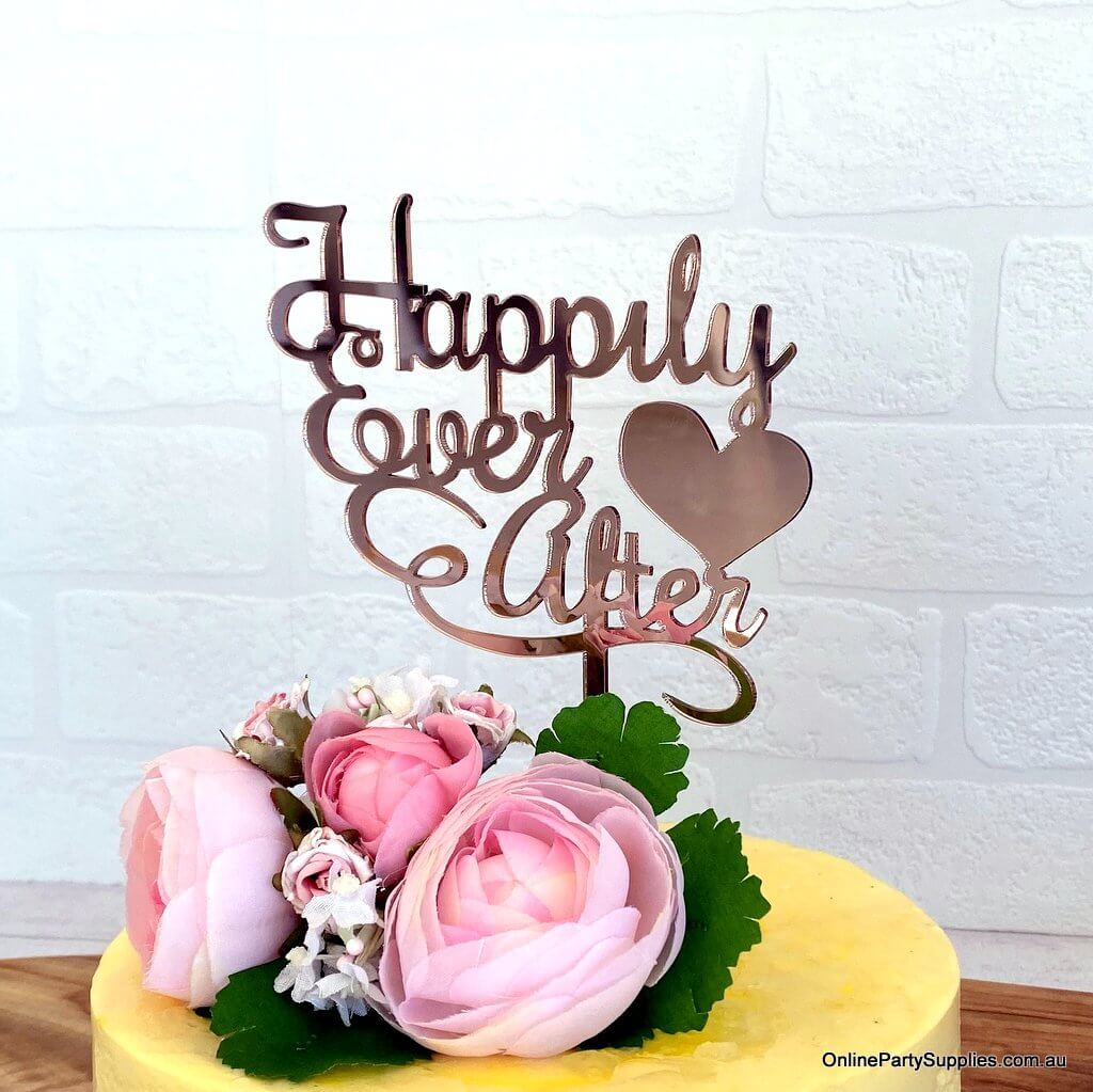 Acrylic Rose Gold Mirror 'Happily Ever After' Wedding Cake Topper