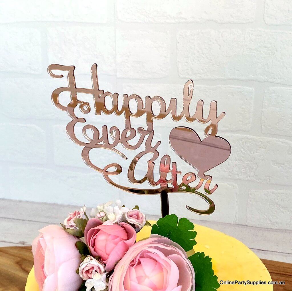 Acrylic Rose Gold Mirror 'Happily Ever After' Wedding Cake Topper