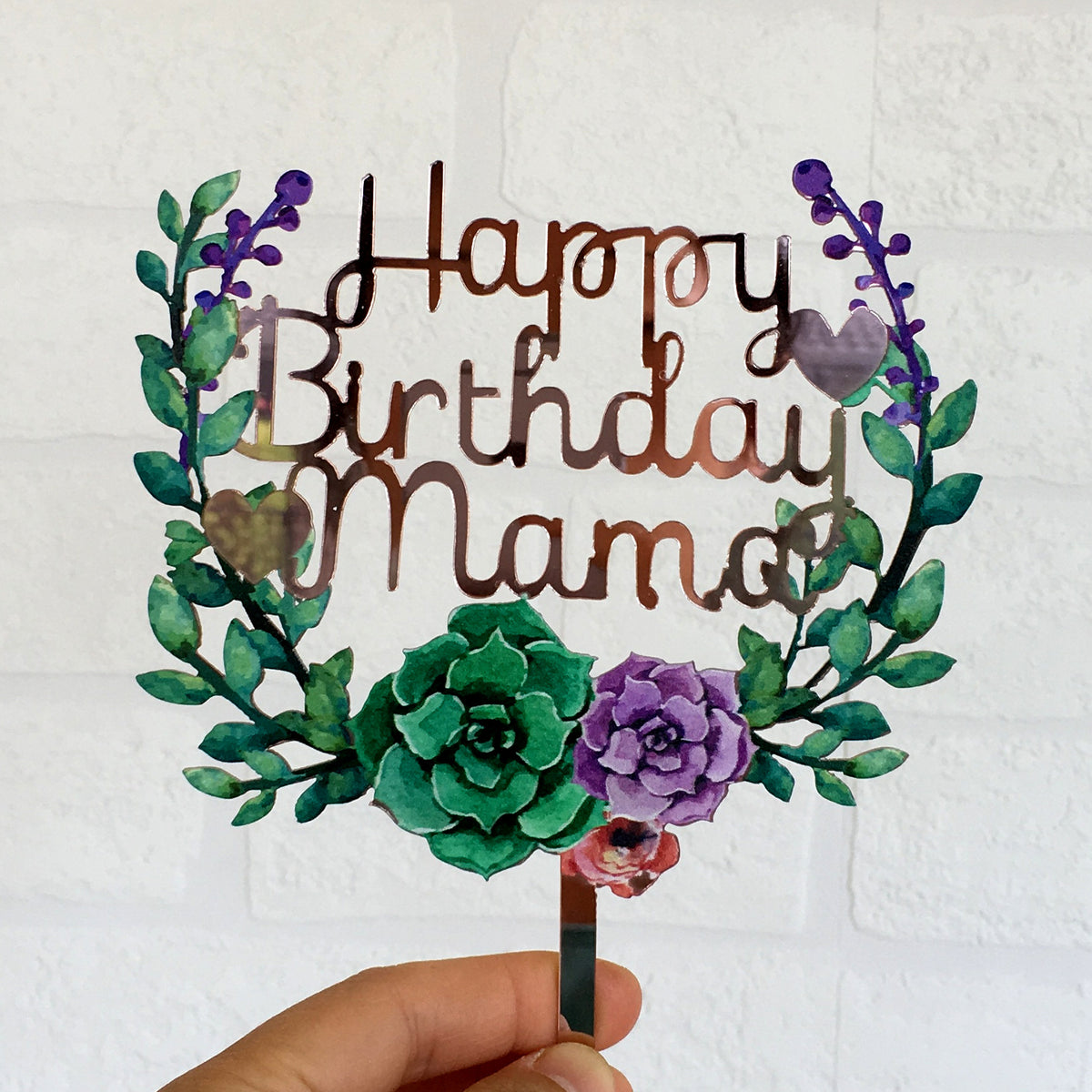 Acrylic 'Happy Birthday Mama' Flower Wreath Cake Topper - Rose Gold Mirror