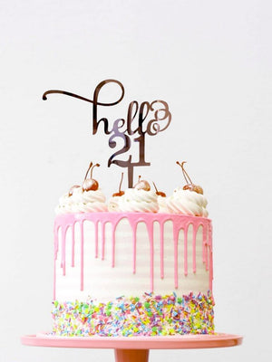 Rose Gold Mirror hello 21 happy birthday cake topper
