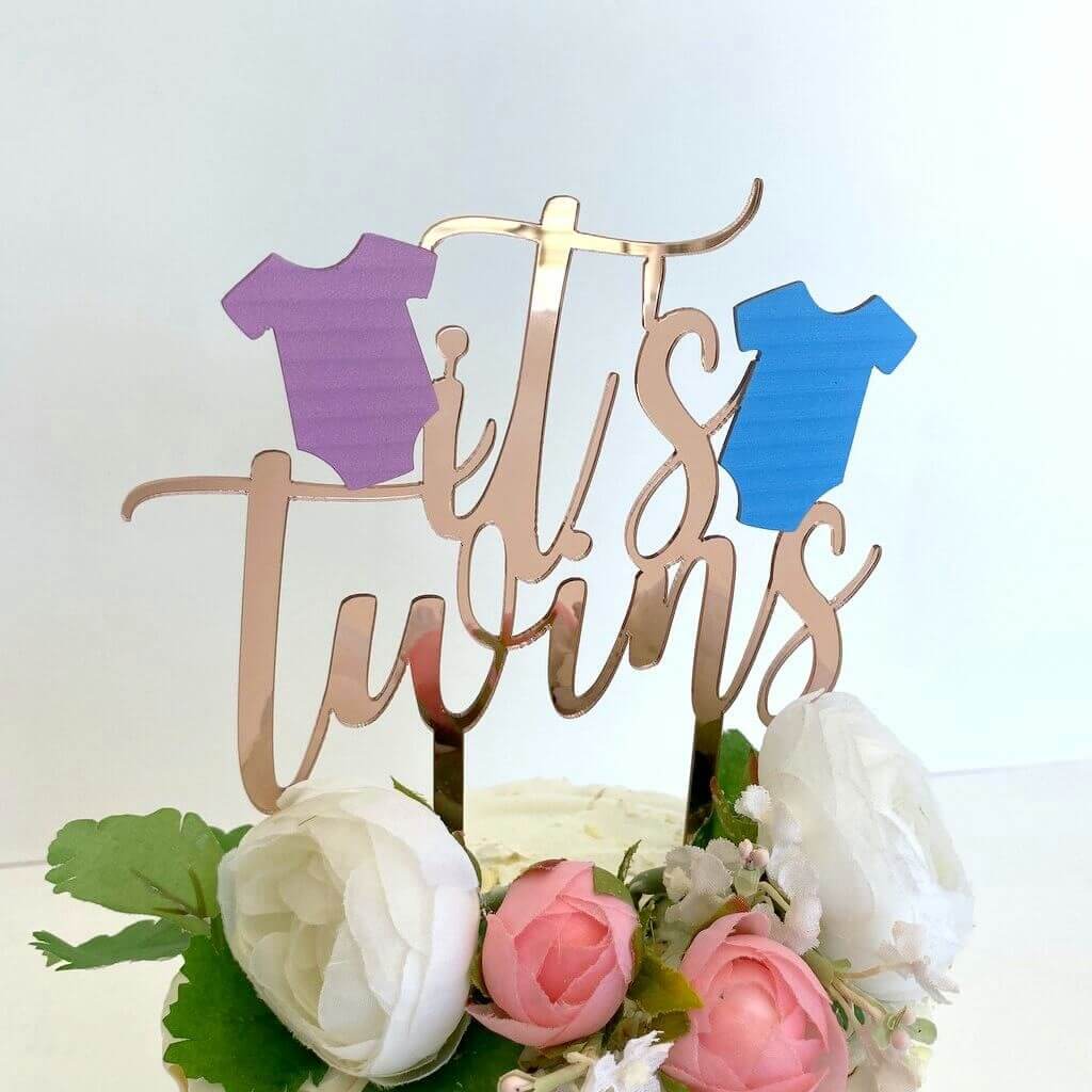 Rose Gold Mirror Acrylic It's Twins Pink & Blue Onesie Cake Topper