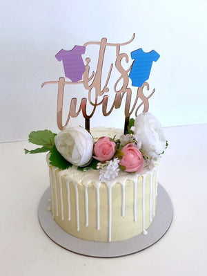 Rose Gold Mirror Acrylic It's Twins Pink & Blue Onesie Cake Topper