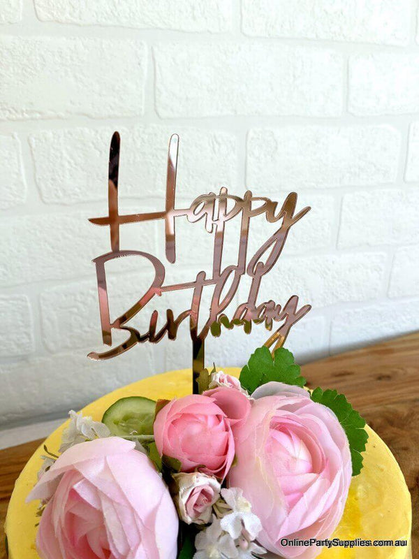 Acrylic Rose Gold Mirror Happy Birthday Cake Topper