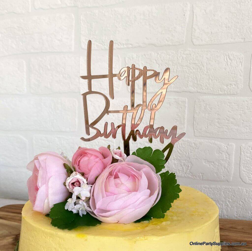 Online Party Supplies Australia Acrylic Rose Gold Mirror Happy Birthday Script Cake Topper