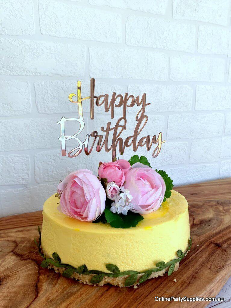 Acrylic Rose Gold Mirror Happy Birthday Script Cake Topper - Online Party Supplies