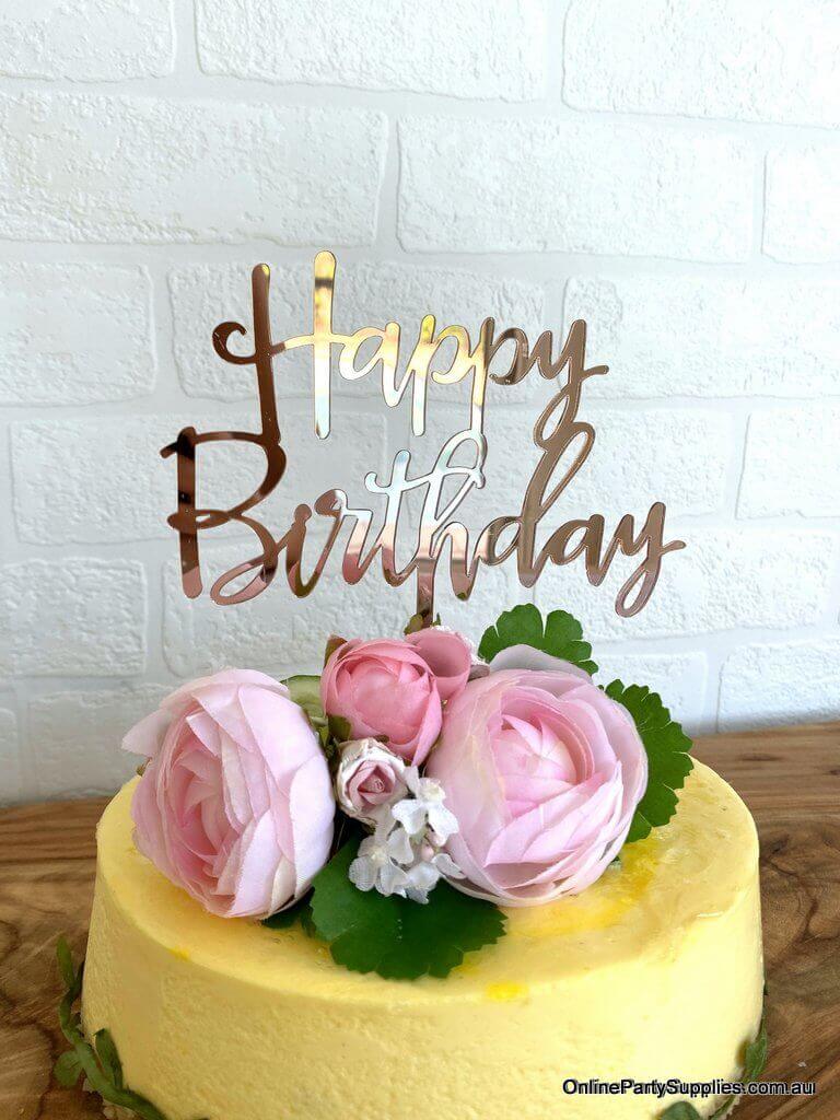 Acrylic Rose Gold Mirror Happy Birthday Script Cake Topper - Online Party Supplies