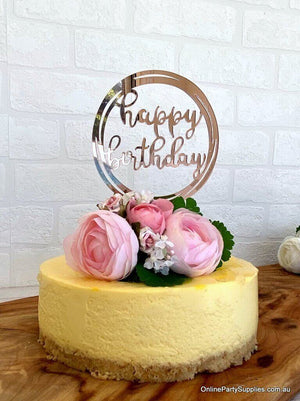 Acrylic Rose Gold Mirror Geometric Round Happy Birthday Cake Topper - Online Party Supplies