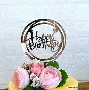 Acrylic Rose Gold Mirror Geometric Circles Happy Birthday Script Heart Cake Topper
