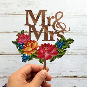 Rose Gold Mirror Mr and Mrs Floral Wreath Wedding Cake Topper