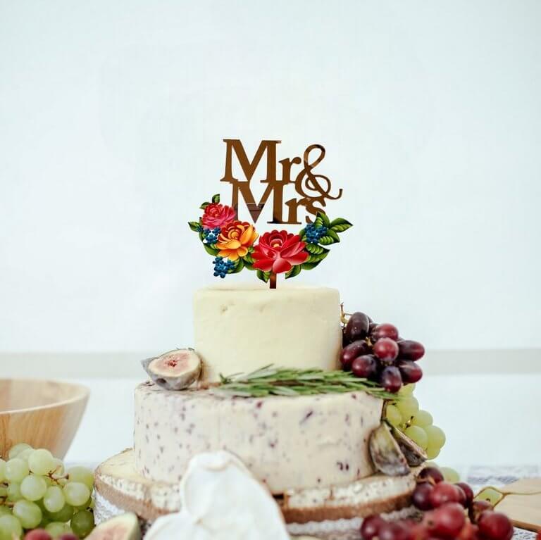 Rose Gold Mirror Mr and Mrs Floral Wreath Wedding Cake Topper