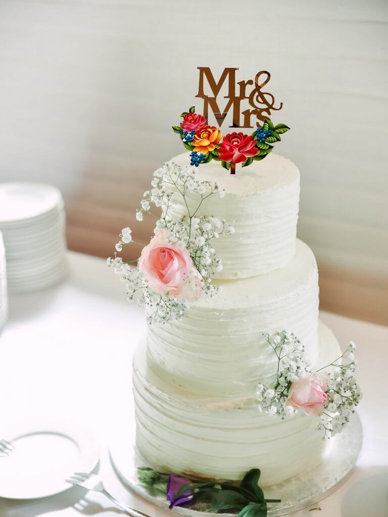 Rose Gold Mirror Mr and Mrs Floral Wreath Wedding Cake Topper